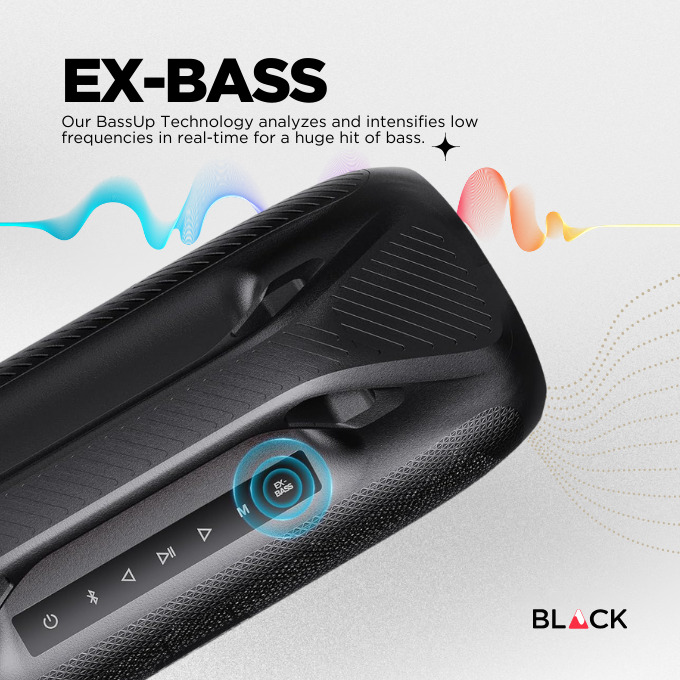 BLACK BassBlast Wireless Bluetooth Speaker, 100W, EX BASS, Up to 9H Playtime, 1 Yr Warranty BLACK BassBlast Wireless Bluetooth Speaker, 100W, EX BASS, Up to 9H Playtime, 1 Yr Warranty